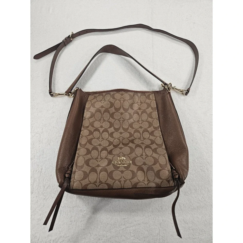 Coach Marlon Hobo Brown Signature Canvas Pebbled Leather Bag